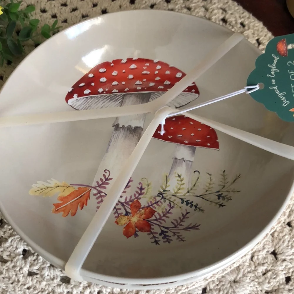 Pasta Bowls with Red Mushroom Design Set of 2